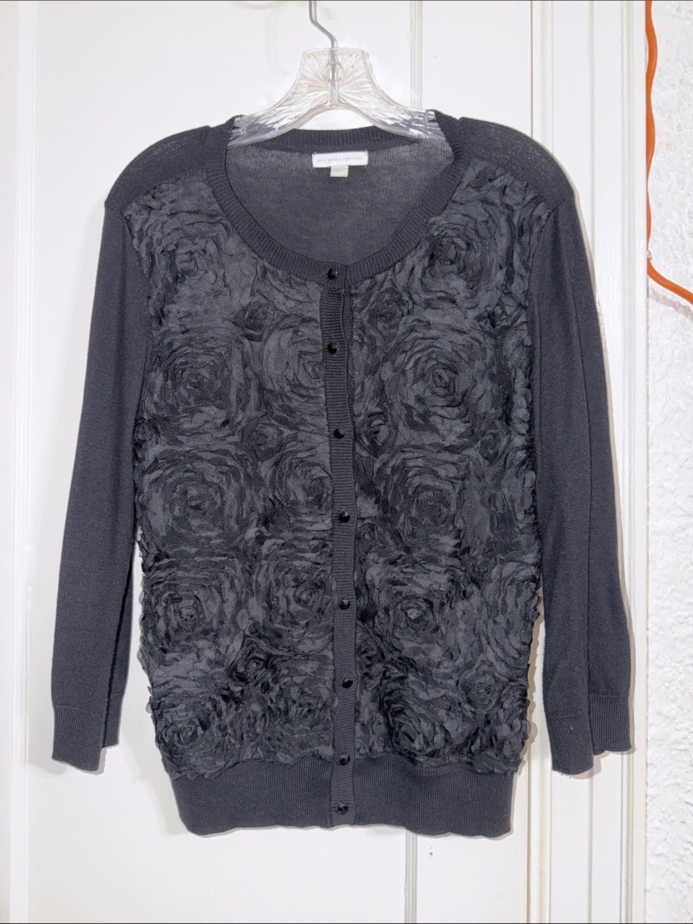 New York & Company Charcoal Rose-Textured Button Cardigan